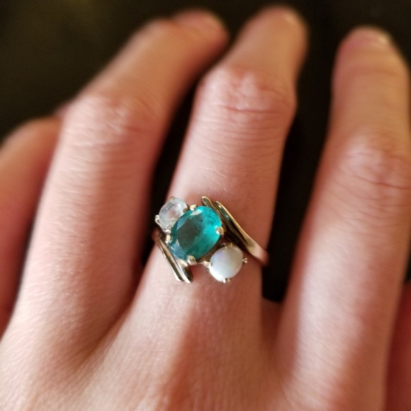 9k vintage gold emerald opal aquamarine ring - Picture 1 of 1
